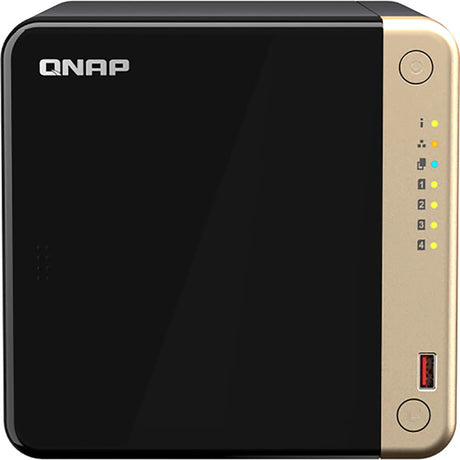 Das QNAP TS-464-8G-US Hochleistungs-Desktop-NAS (festplattenlos) in Schwarz und Gold verfügt über Statusleuchten, einen USB-Anschluss an der Vorderseite und schnelle 2,5 GbE-Konnektivität für Hochleistungs-Netzwerkspeicher.