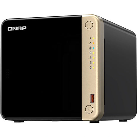Das QNAP TS-464-8G-US Hochleistungs-Desktop-NAS (Festplattenlos) verfügt über Anzeigeleuchten, einen USB-Anschluss an der Vorderseite und zuverlässige 2,5 GbE-Konnektivität für effizientes Datenmanagement.