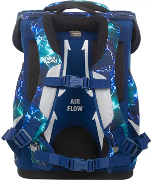 Das School-Mood Champion Schulranzen-Set 7-teilig "Felix" in blau und schwarz mit Blitzmuster, gepolsterten Gurten, ergonomischem Tragesystem und AIR FLOW Schriftzug-ideal für die 1.-4. Klasse.