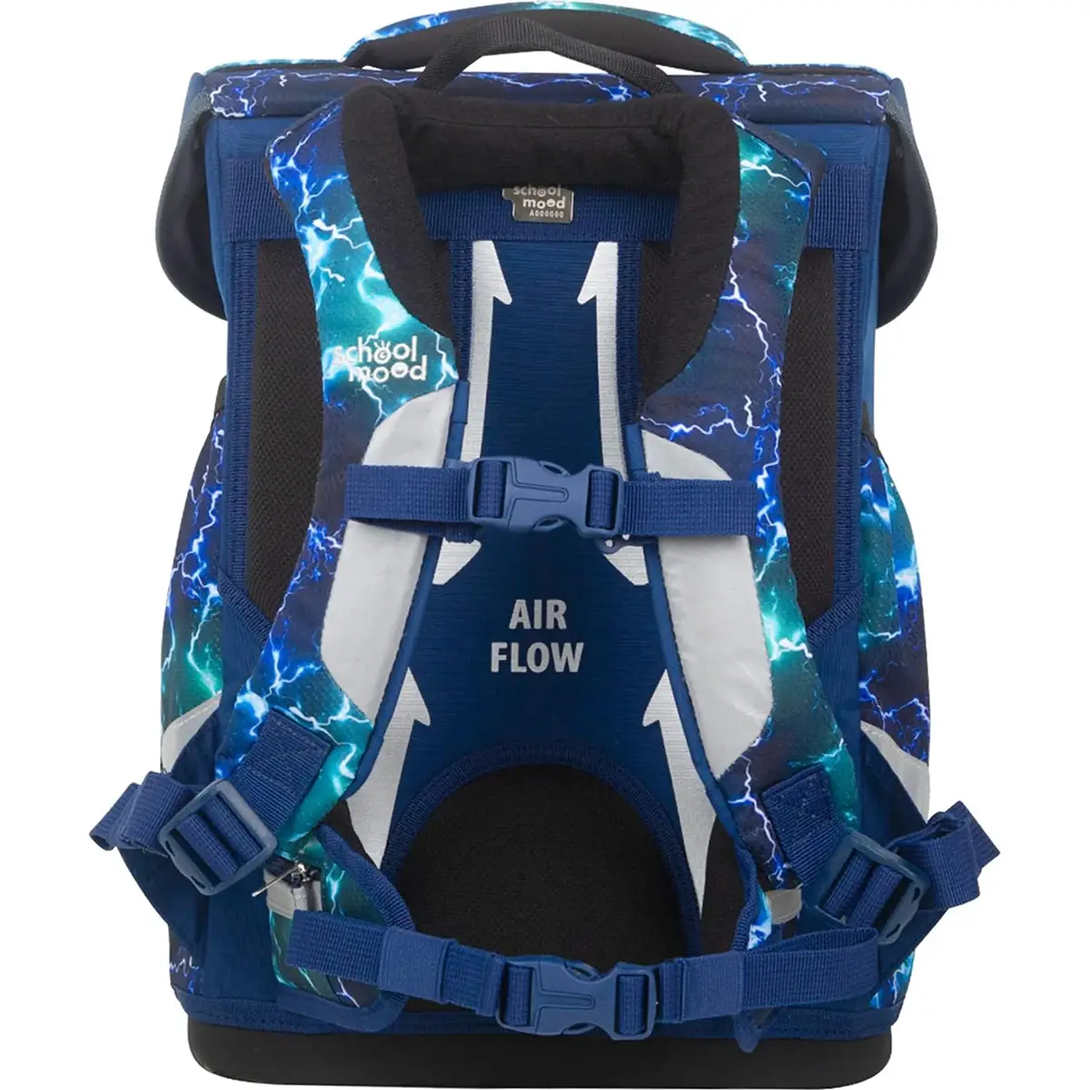 Das School-Mood Champion Schulranzen-Set 7-teilig "Felix" in blau und schwarz mit Blitzmuster, gepolsterten Gurten, ergonomischem Tragesystem und AIR FLOW Schriftzug-ideal für die 1.-4. Klasse.