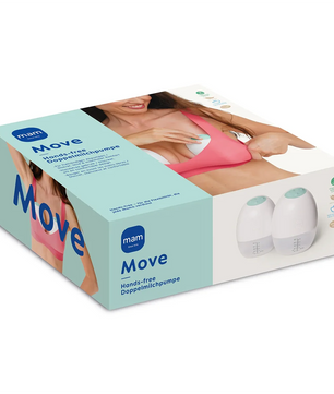 MAM Move Hands-free Doppelmilchpumpe - weiß, mit Produktbildern und einer Frau beim freihändigen, kabellosen Abpumpen.