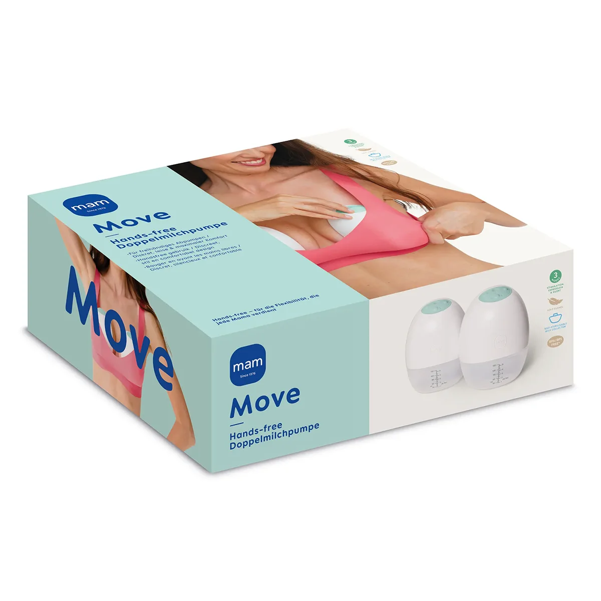 MAM Move Hands-free Doppelmilchpumpe - weiß, mit Produktbildern und einer Frau beim freihändigen, kabellosen Abpumpen.