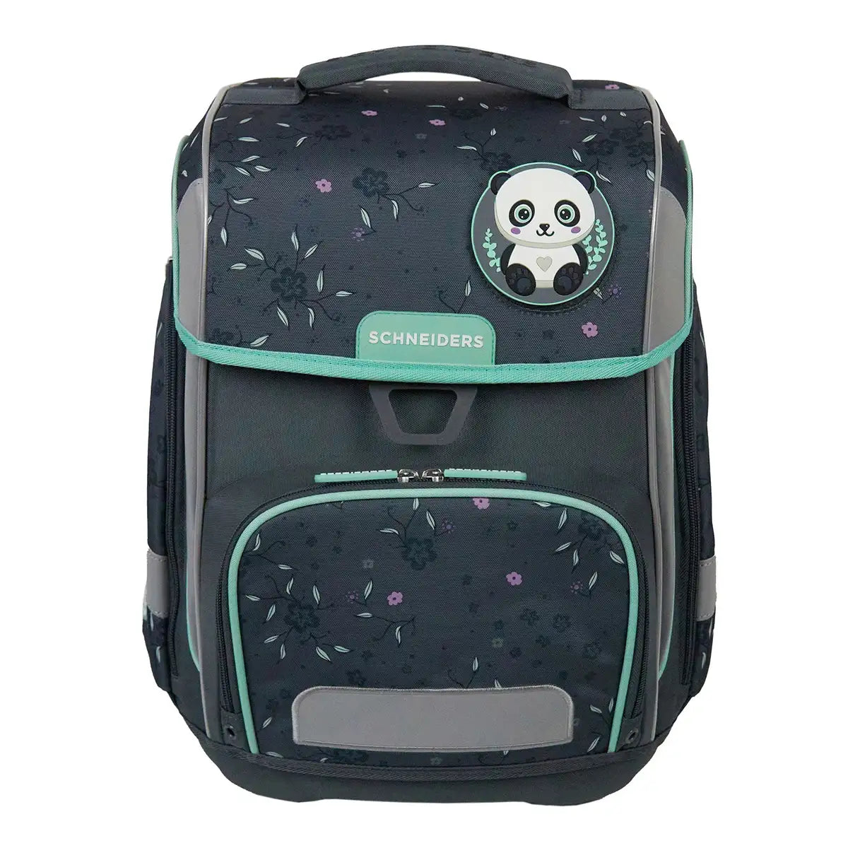 Das 9-teilige Schulranzen-Set "Mint Meadow" von Schneiders Ergolite zeichnet sich durch ein dunkelblaues Blumenmuster mit Panda-Aufnäher und grüner Zierleiste sowie eine ergonomische, leichte Bauweise für den täglichen Komfort aus. Der Schriftzug "Schneiders" ist auf der Frontklappe angebracht.