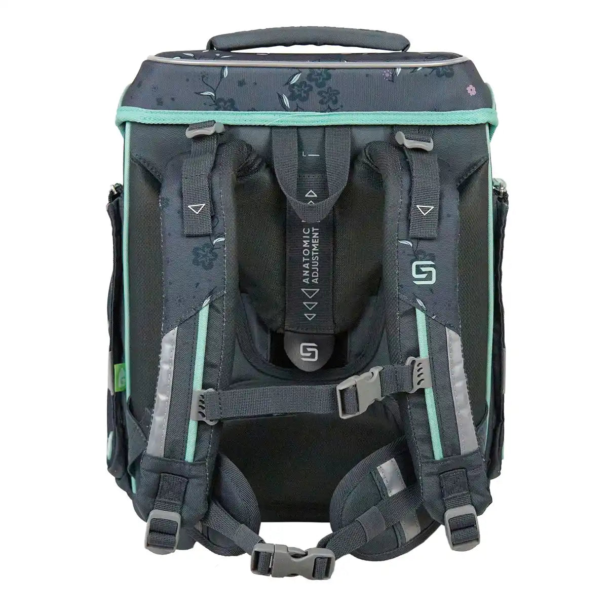 Das 9-teilige Schulranzen-Set "Mint Meadow" von Schneiders Ergolite zeichnet sich durch ein dunkelgraues, leichtes Design mit gepolsterten, verstellbaren Schultergurten und floralen Mustern auf der oberen Klappe aus, die für einen ergonomischen Stil sorgen.