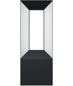 Ein hoher, schwarz-weißer, geometrischer Rahmen, der von vorne betrachtet in der Mitte einen rechteckigen offenen Bereich bildet – ideal, um moderne Architektur mit Produkten wie der EGLO RIFORANO LED-Außenwandleuchte in Schwarz von EGLO hervorzuheben, einer zeitgemäßen Wahl für die Außenbeleuchtung.