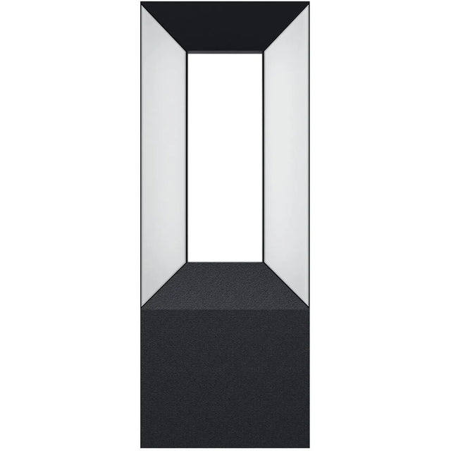 Ein hoher, schwarz-weißer, geometrischer Rahmen, der von vorne betrachtet in der Mitte einen rechteckigen offenen Bereich bildet – ideal, um moderne Architektur mit Produkten wie der EGLO RIFORANO LED-Außenwandleuchte in Schwarz von EGLO hervorzuheben, einer zeitgemäßen Wahl für die Außenbeleuchtung.