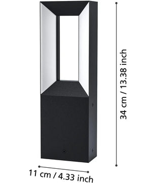 EGLO RIFORANO LED-Sockelleuchte – eine rechteckige schwarze Wandleuchte von EGLO mit offener Mitte, 34 cm hoch und 11 cm breit, ideal für die Außenbeleuchtung entlang von Gartenwegen; abgebildet mit Maßangaben.