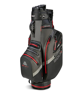 Die BIG MAX AQUA Silencio 4 Cartbag Golftasche in schwarz verfügt über einen Silent Organizer Top, mehrere Reißverschlusstaschen und eine obere Trennwand für Golfschläger.