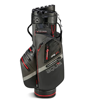 Die BIG MAX AQUA Silencio 4 Cartbag Golftasche in schwarz ist eine wasserdichte Golftasche mit mehreren Fächern, Silent Organizer Top, oberen Trennwänden für Schläger, und steht aufrecht.