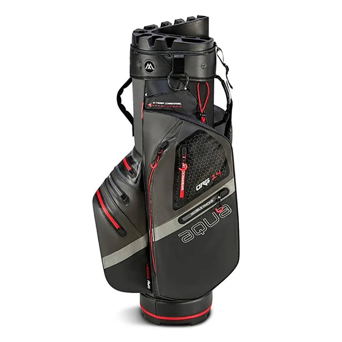 Die BIG MAX AQUA Silencio 4 Cartbag Golftasche in schwarz ist eine wasserdichte Golftasche mit mehreren Fächern, Silent Organizer Top, oberen Trennwänden für Schläger, und steht aufrecht.
