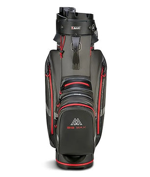 Die BIG MAX AQUA Silencio 4 Cartbag Golftasche in schwarz bietet mehrere Reißverschlussfächer, wasserdichtes Material und einen Silent Organizer Top zur einfachen Schlägerverwaltung, mit dem BIG MAX Logo auf der Vorderseite.