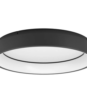 Die EGLO Connect LED-Deckenleuchte – schwarz, eine runde schwarze Deckenleuchte mit weißem Diffusor, ist hier aus einem leichten Winkel von unten zu sehen; diese smarte Innenleuchte von EGLO ist mit ZigBee 3.0 kompatibel und ermöglicht so eine nahtlose Smart-Home-Integration.