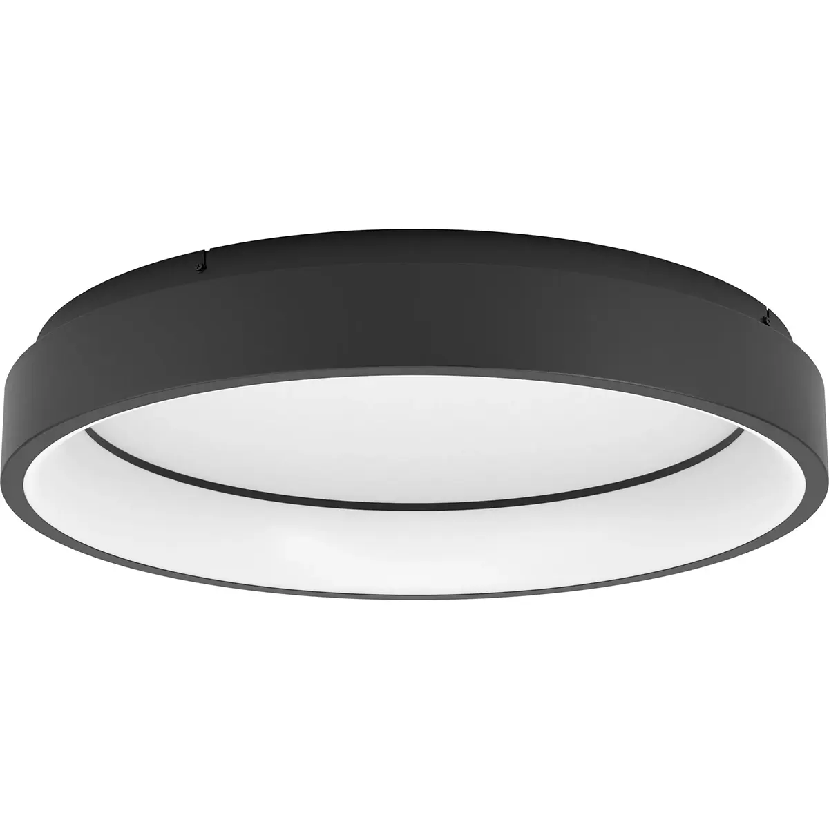 Die EGLO Connect LED-Deckenleuchte – schwarz, eine runde schwarze Deckenleuchte mit weißem Diffusor, ist hier aus einem leichten Winkel von unten zu sehen; diese smarte Innenleuchte von EGLO ist mit ZigBee 3.0 kompatibel und ermöglicht so eine nahtlose Smart-Home-Integration.