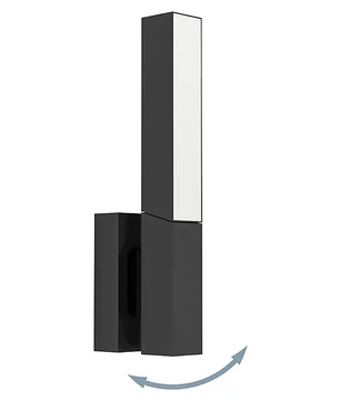 EGLO UGENTO LED-Außenwandleuchte in Schwarz mit schwenkbarem LED-Profil, dessen Drehbarkeit durch einen Pfeil angezeigt wird.
