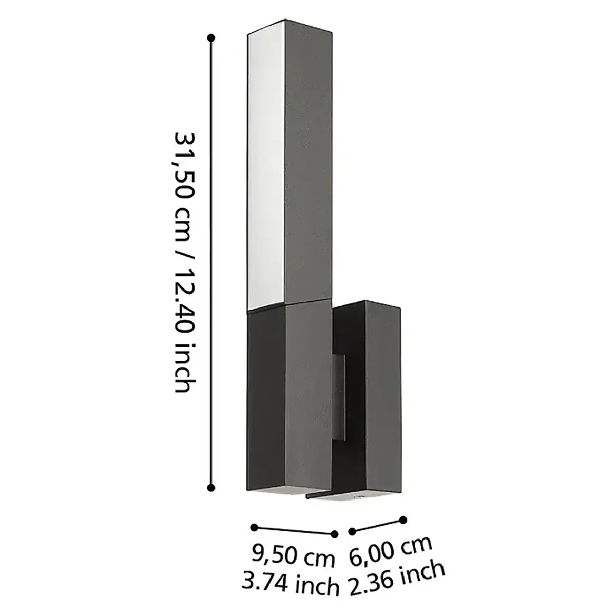 Die EGLO UGENTO LED-Außenwandleuchte – schwarz von EGLO ist eine schwarze, rechteckige Wandleuchte mit den Maßen 31,5 x 9,5 x 6 cm (12,4 x 3,74 x 2,36 Zoll), wie durch die Pfeile angegeben, und verfügt über ein schwenkbares LED-Profil für vielseitige Beleuchtung – was durch ihr modernes Design perfekt zum Ausdruck kommt.