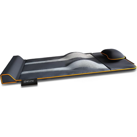 Die BELENA Air Stretch Massagematte - grau von BELENA zeichnet sich durch ergonomisches Design, Kissen und erhöhte Auflagen mit orangefarbenem Rand aus - ideal für Yoga-Dehnung und Rückenentspannung.