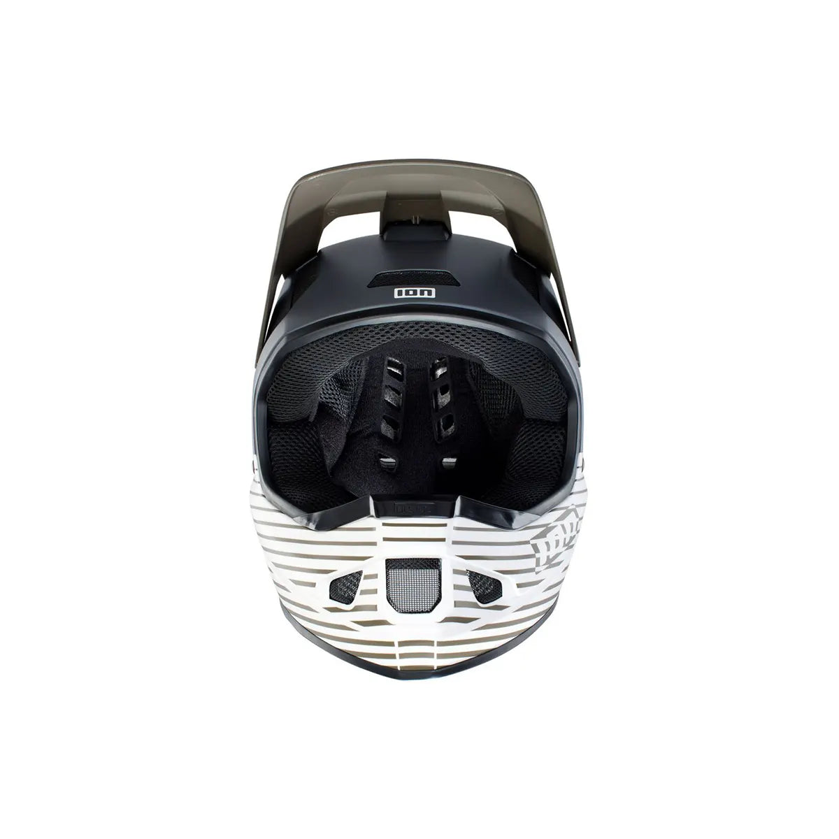 Der ION Scrub AMP Fahrradhelm in Größe XL und blau von ION, konzipiert für Enduro und Downhill, wird von vorne gezeigt, um die Innenpolsterung und Belüftung zu zeigen.