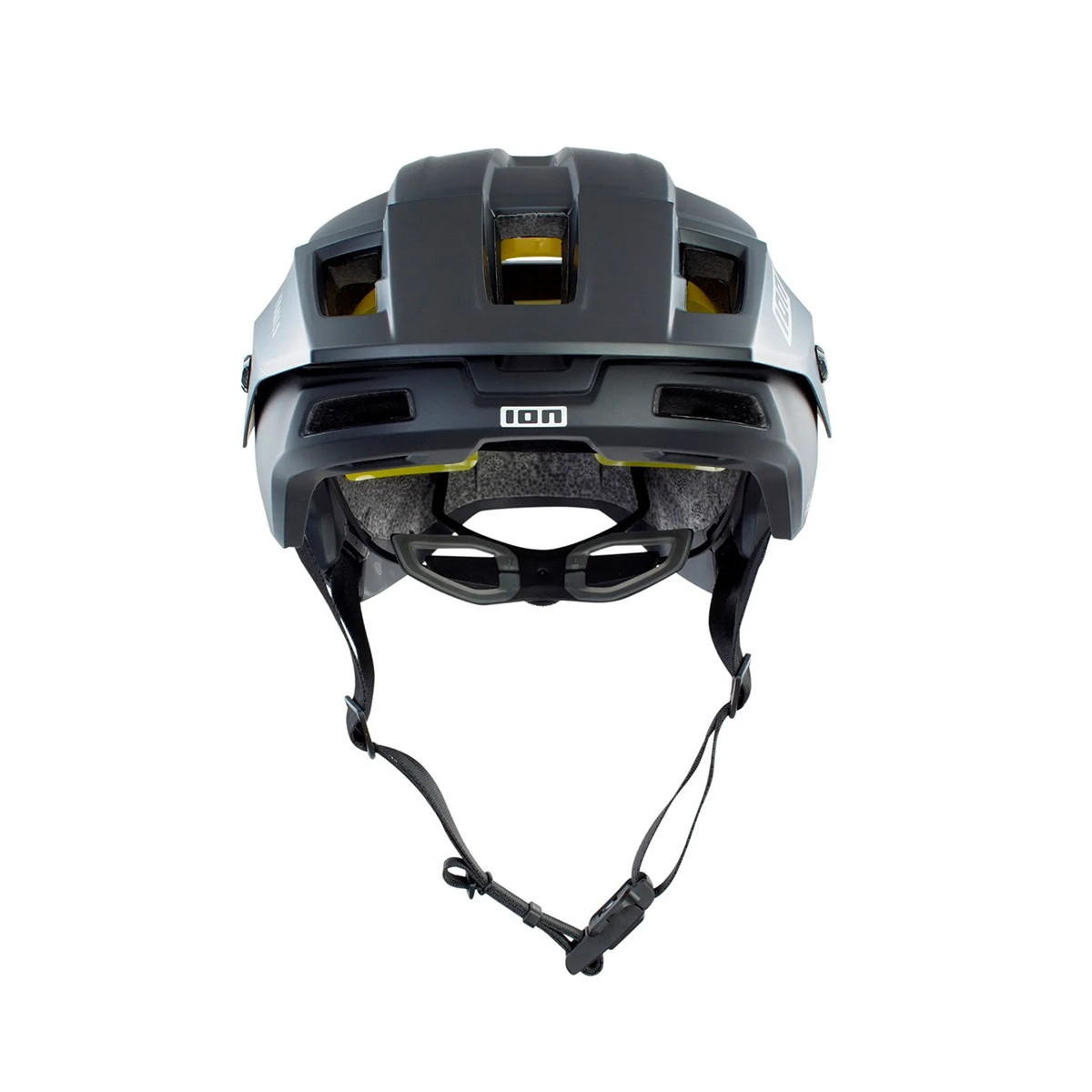 Der ION Traze Amp Fahrradhelm in Größe S, grau, von ION, verfügt über fortschrittliche MIPS-Technologie und einen Kinnriemen. Abgebildet in grau und schwarz von vorne vor weißem Hintergrund.