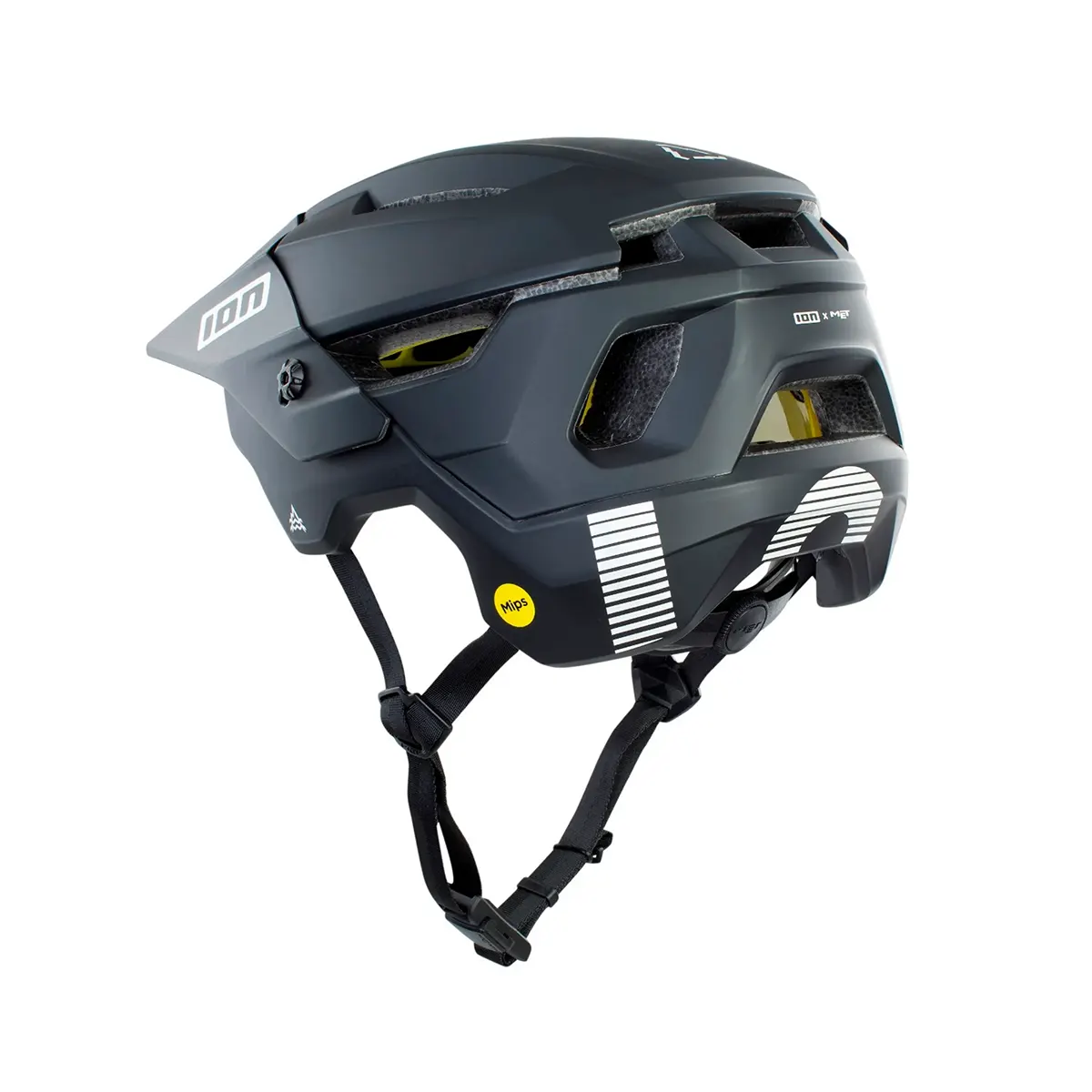 Der ION Traze Amp Fahrradhelm in Größe S, grau von ION verfügt über Belüftungslöcher, MIPS-Technologie für zusätzliche Sicherheit und einen verstellbaren Kinnriemen mit Fidlock-Magnetverschluss, abgebildet auf weißem Hintergrund.