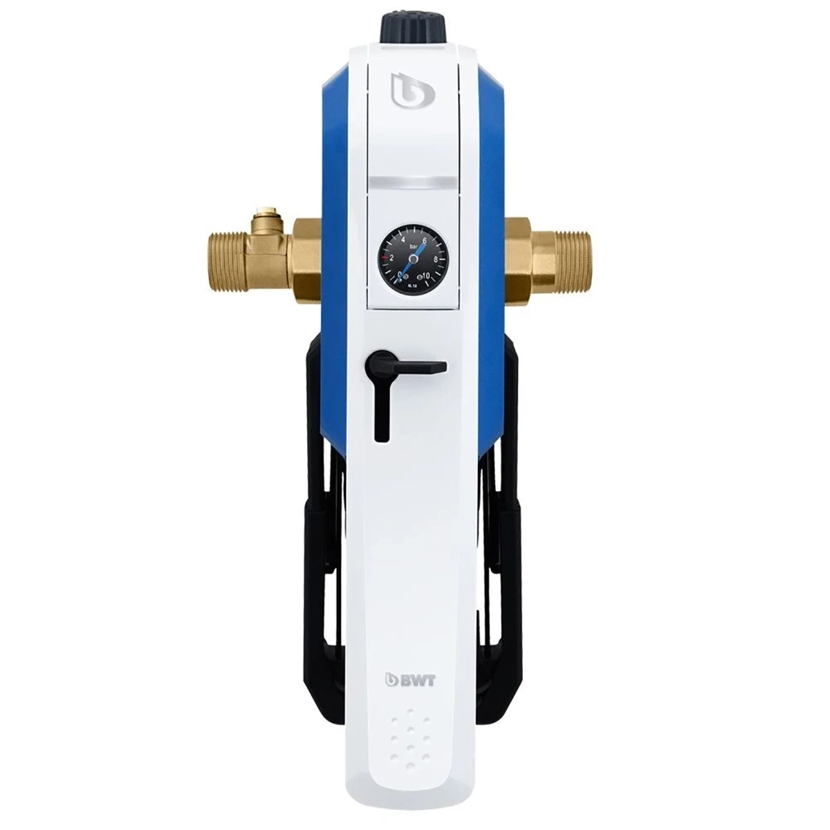 Der BWT E1 Einhebelfilter 1" HWS mit Druckminderer – weiß von btw ist ein weiß-blaues Wasserfiltergerät, das auf beiden Seiten mit Messing-Rohranschlüssen und einem Manometer ausgestattet ist (Ansicht von vorne). Dieser innovative Trinkwasserfilter verfügt über einen integrierten Druckminderer, der für eine optimale Druckregelung sorgt.
