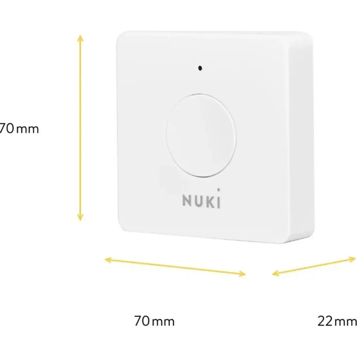 Die weiße „Nuki Opener“ Smart-Zutrittslösung von NUKI ist ein quadratisches Gerät mit den Maßen 70 mm × 70 mm × 22 mm und einem runden Knopf in der Mitte – konzipiert für die nahtlose Integration in Ihre Gegensprechanlage und damit für einen bequemen und sicheren Zugang.