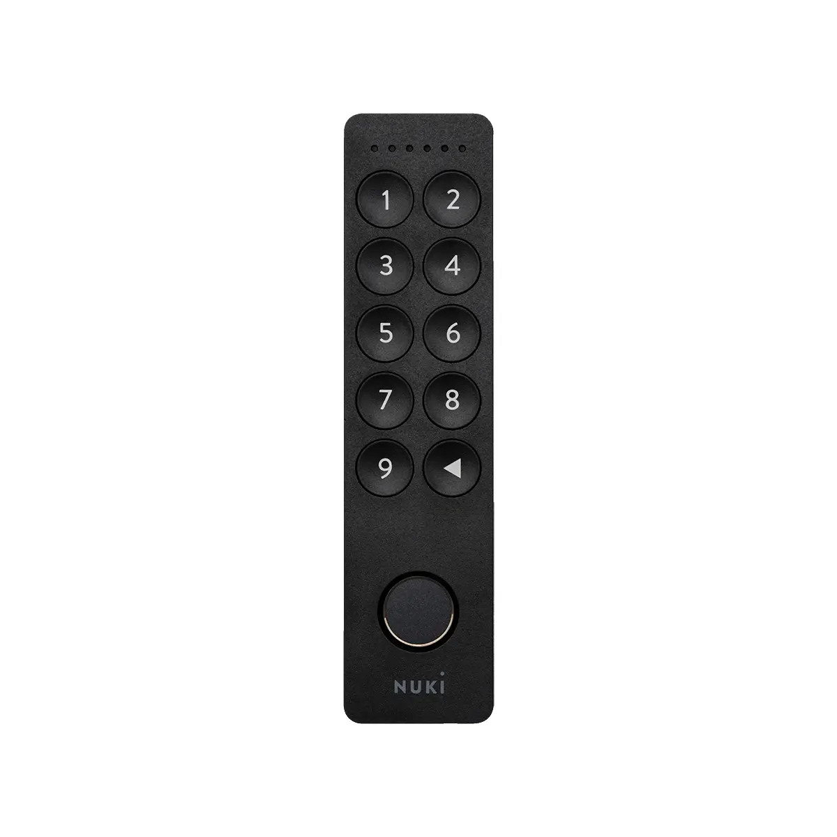 Das NUKI Keypad 2 – Schwarz von NUKI verfügt über die Ziffern 1–9, eine 0, eine Rücktaste und eine runde Taste am unteren Rand. Es ist für den schlüssellosen Zugang konzipiert und wird auf weißem Hintergrund abgebildet.