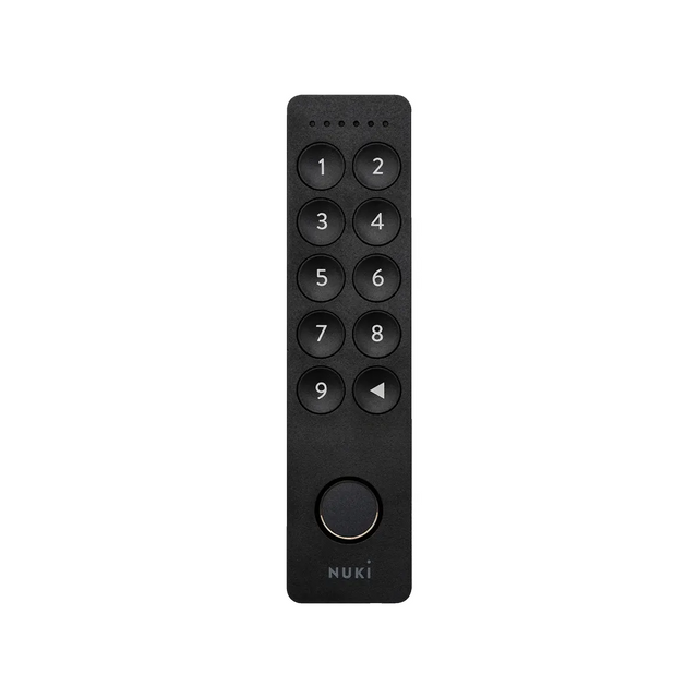 Das NUKI Keypad 2 – Schwarz von NUKI verfügt über die Ziffern 1–9, eine 0, eine Rücktaste und eine runde Taste am unteren Rand. Es ist für den schlüssellosen Zugang konzipiert und wird auf weißem Hintergrund abgebildet.