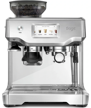 Die Espressomaschine „Sage Barista Touch SES880BSS4EEU1“ in Silber besticht durch ihr Edelstahl-Design, ein digitales Display, einen oben angebrachten Bohnenbehälter und die intuitive „Barista Touch“-Funktion – für ein nahtloses Kaffeeerlebnis wie im Café.