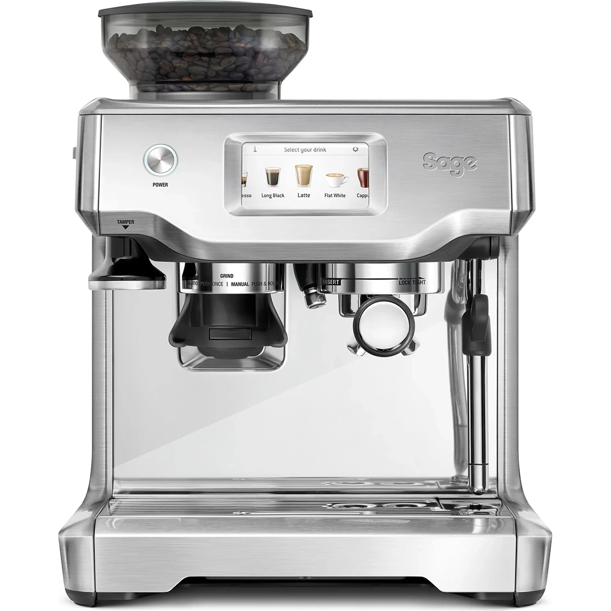 Die Espressomaschine „Sage Barista Touch SES880BSS4EEU1“ in Silber besticht durch ihr Edelstahl-Design, ein digitales Display, einen oben angebrachten Bohnenbehälter und die intuitive „Barista Touch“-Funktion – für ein nahtloses Kaffeeerlebnis wie im Café.
