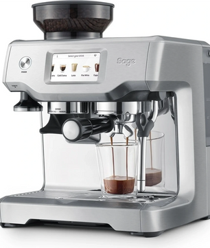 Die Espressomaschine „Sage Barista Touch SES880BSS4EEU1“ in Silber von Sage brüht zwei Tassen und verfügt über ein Mahlwerk, ein digitales Display, einen automatischen Milchaufschäumer sowie die Barista-Touch-Funktion für Café-Genuss zu Hause.