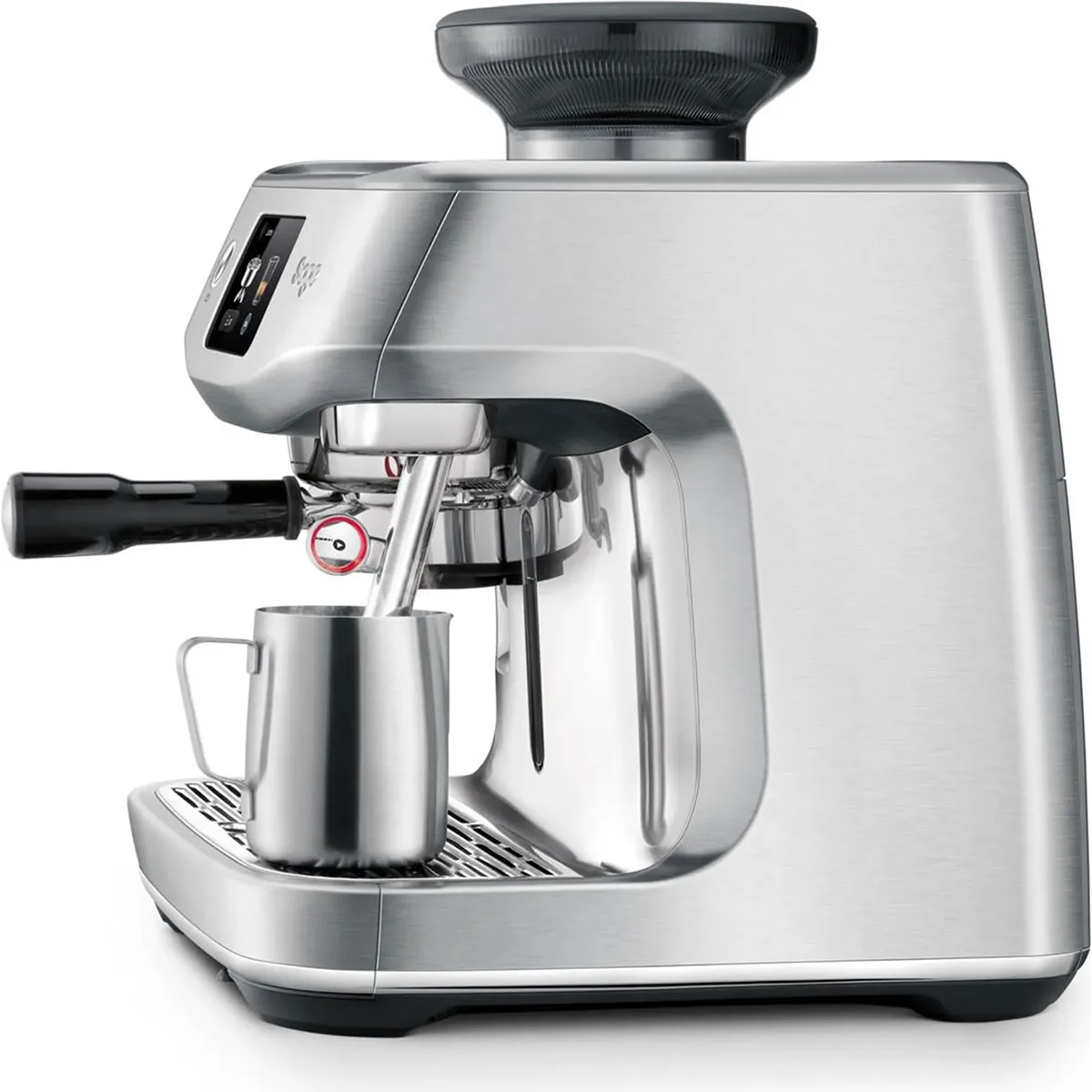 Die Sage Oracle Jet SES985BSS Siebträger-Espressomaschine von Sage besticht durch ihr elegantes Edelstahl-Design und eine Dampfdüse zum einfachen Aufschäumen von Milch – ideal für mühelose Kaffeegenussmomente.