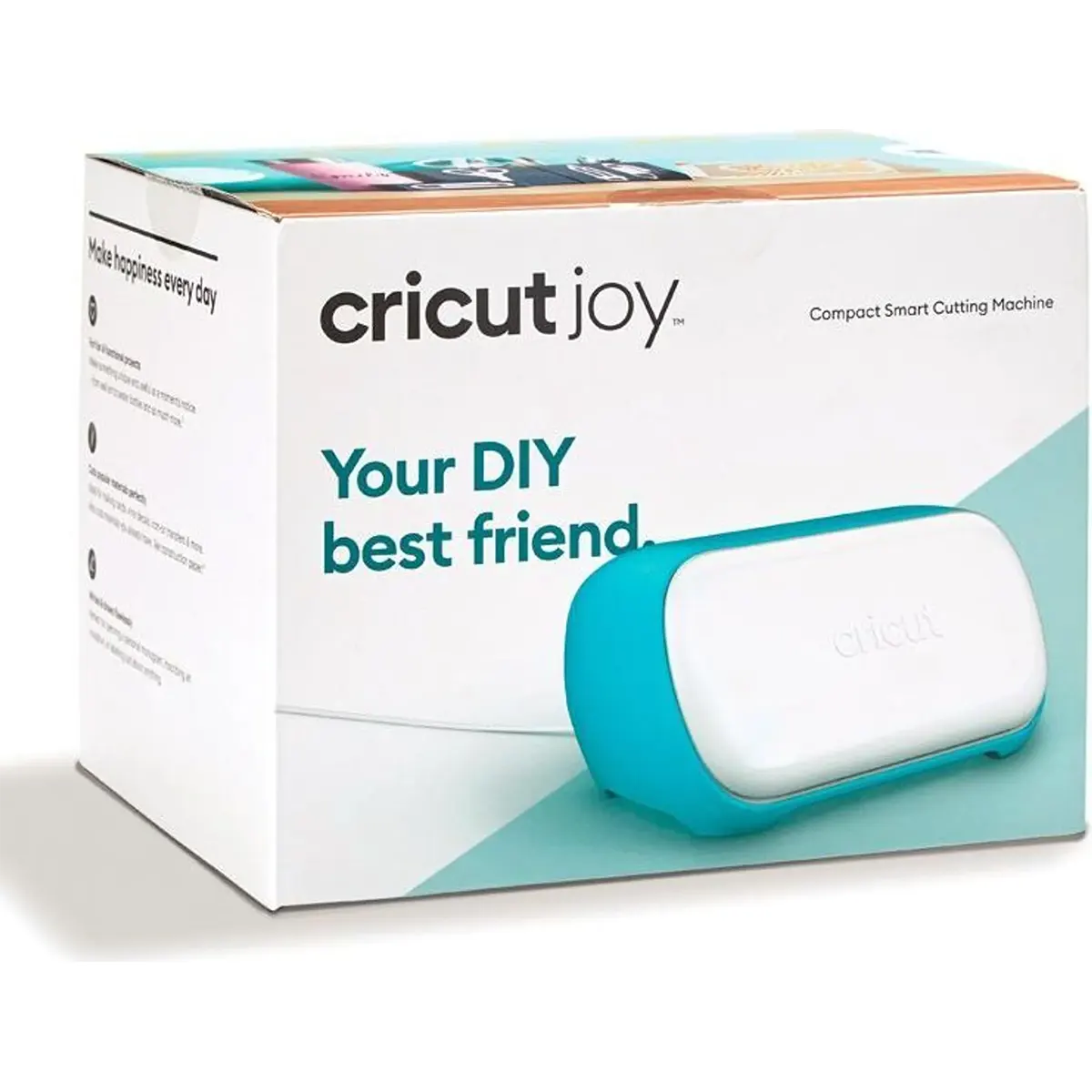 Der Cricut Joy Schneideplotter in Türkis/Weiß von Cricut mit Slogan "Your DIY best friend" und Abbildung auf der Box - ideal für kreative DIY-Projekte.