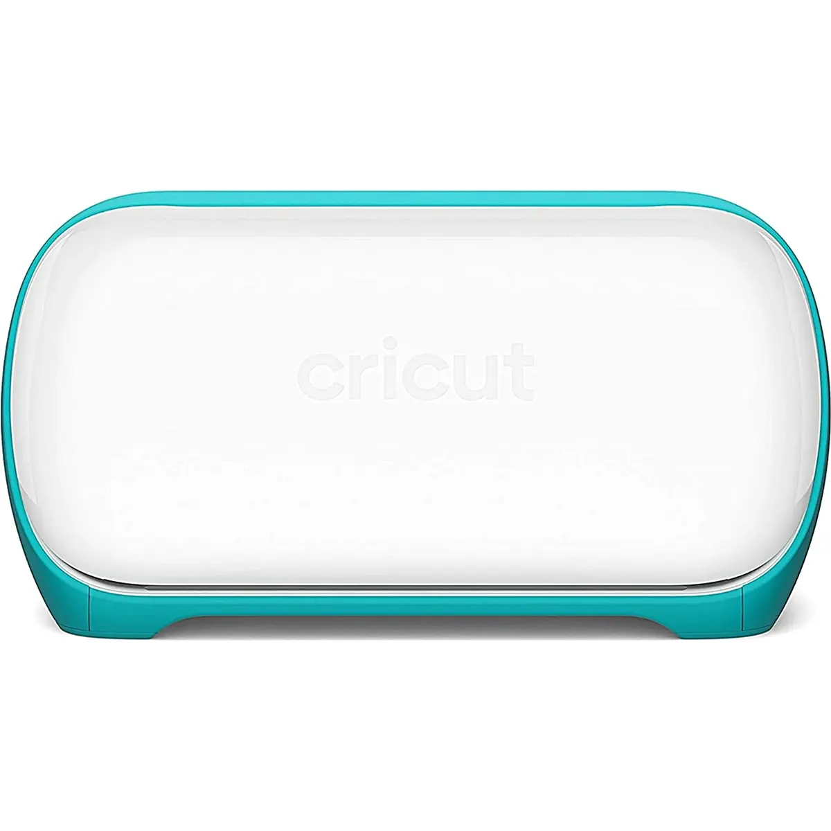 Der Cricut Joy Schneideplotter - türkis/weiß von Cricut, perfekt für DIY-Projekte, wird vor weißem Hintergrund von vorne gezeigt.