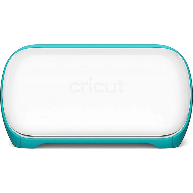 Der Cricut Joy Schneideplotter - türkis/weiß von Cricut, perfekt für DIY-Projekte, wird vor weißem Hintergrund von vorne gezeigt.