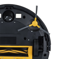 Nahaufnahme der Unterseite des H.Koenig SWRC130 Staubsaugerroboters (schwarz) von H.Koenig. Hervorzuheben sind die Bürsten, Räder, Reinigungskomponenten und die fortschrittliche Gyro+ Navigation für eine effiziente Reinigung.
