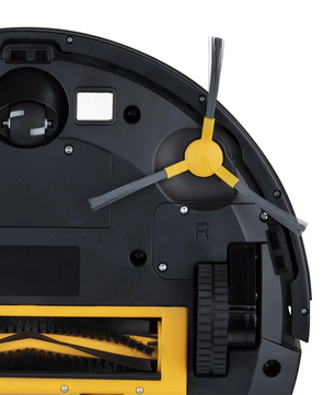 Nahaufnahme der Unterseite des H.Koenig SWRC130 Staubsaugerroboters (schwarz) von H.Koenig. Hervorzuheben sind die Bürsten, Räder, Reinigungskomponenten und die fortschrittliche Gyro+ Navigation für eine effiziente Reinigung.