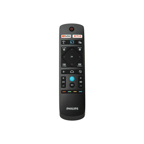 Schwarze Philips Fernbedienung für Philips 32HFL5114/12 - 32" Full HD Smart TV, mit YouTube- und Netflix-Tasten. Auf weißem Hintergrund dargestellt; perfektes Zubehör für Ihren Philips Smart TV.