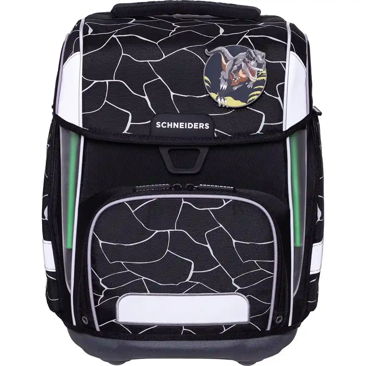 Das 9-teilige Schneiders Ergolite "Dark Hunter" Schulranzen-Set umfasst einen höhenverstellbaren, ergonomischen schwarzen und weißen Rucksack mit abstrakten Linien, Wolf-Emblem und Schneiders-Logo auf der Frontklappe.