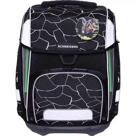 Das 9-teilige Schneiders Ergolite "Dark Hunter" Schulranzen-Set umfasst einen höhenverstellbaren, ergonomischen schwarzen und weißen Rucksack mit abstrakten Linien, Wolf-Emblem und Schneiders-Logo auf der Frontklappe.