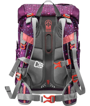 Step by Step Cloud Ranzen-Set "Dreamy Unicorn Nuala" 5-teilig von Step by Step: lilafarbener und grauer ergonomischer Schulranzen mit gepolsterten Trägern, roten Schnallen und Rückentragesystem, dargestellt von hinten.