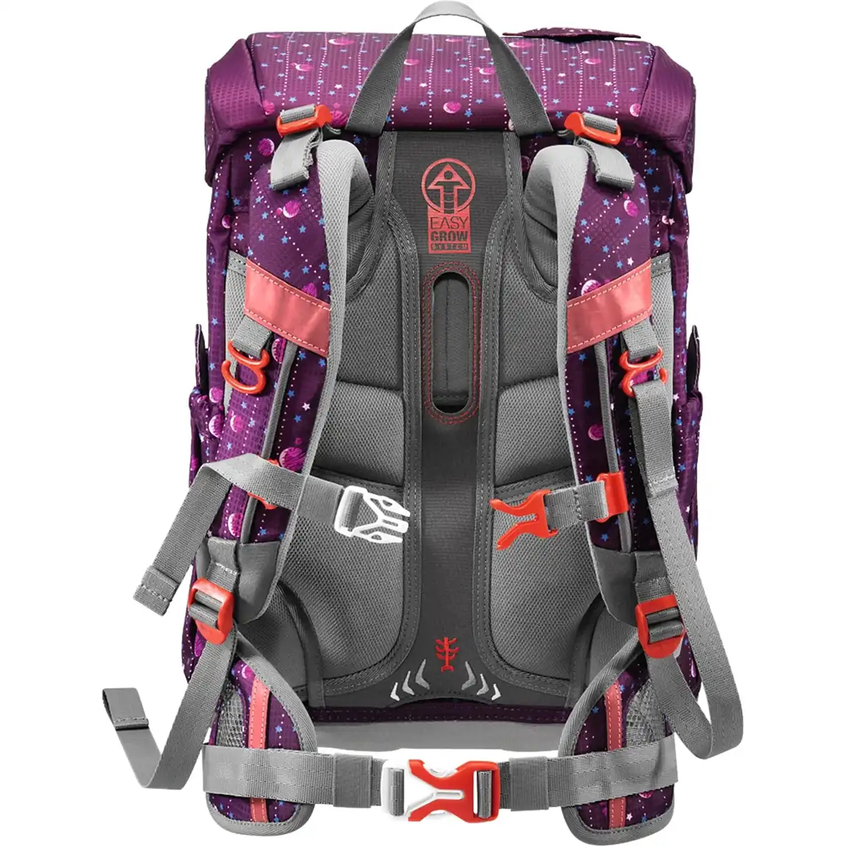 Step by Step Cloud Ranzen-Set "Dreamy Unicorn Nuala" 5-teilig von Step by Step: lilafarbener und grauer ergonomischer Schulranzen mit gepolsterten Trägern, roten Schnallen und Rückentragesystem, dargestellt von hinten.