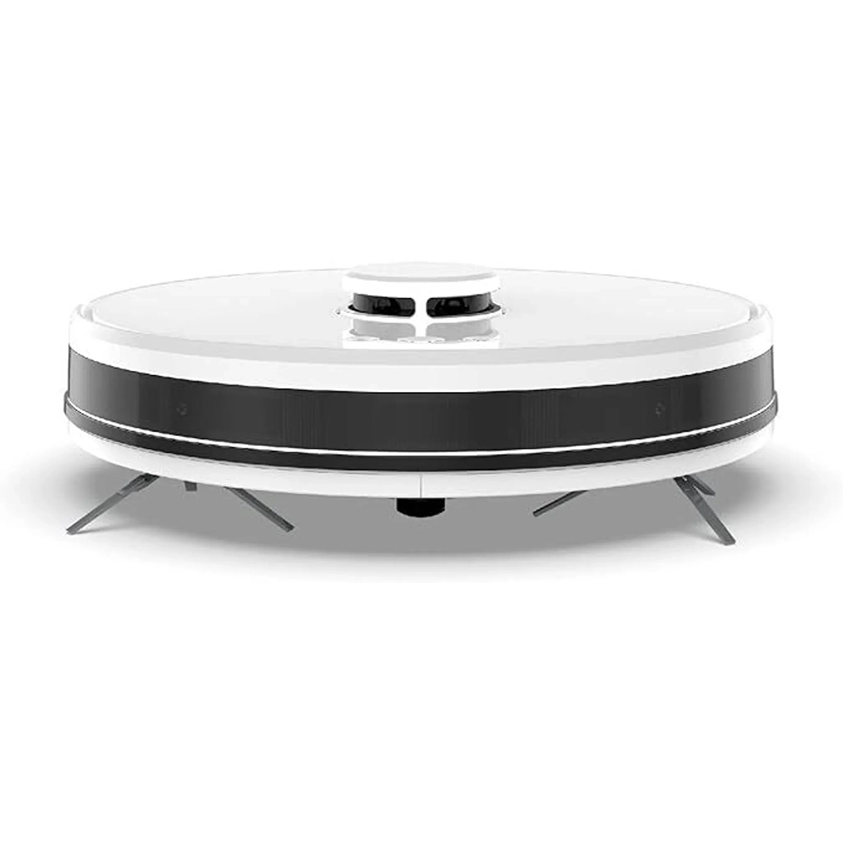 Der AENO RC2S Saugroboter von AENO ist ein weißer, kreisförmiger Saugroboter mit Seitenbürsten und fortschrittlicher LiDAR-Navigation, dargestellt auf weißem Hintergrund.