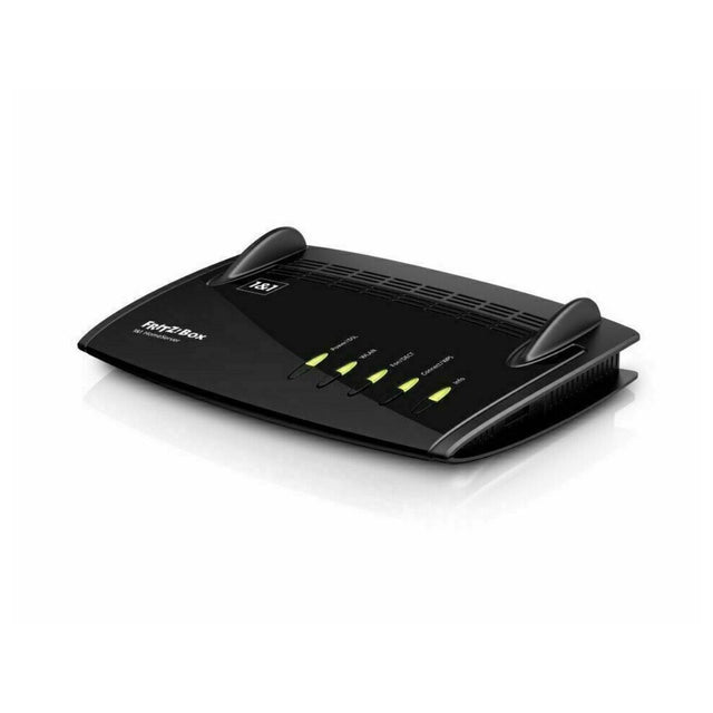 Die AVM Fritz Box 7520 1&1 Edition Home Server, ein schwarzer drahtloser Router mit vier Kontrollleuchten auf der Vorderseite, seitlichen Antennen und Netzwerk-Branding auf der Oberseite, ist auf weißem Hintergrund abgebildet. Die Supervectoring-Unterstützung sorgt für schnellere Verbindungen.