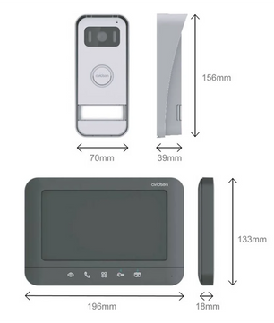 Schema der Avidsen Prima Video-Türsprechanlage (Avidsen): Die Aluminium-Außeneinheit misst 156mm x 70mm x 39mm; der Innenmonitor mit 7" Touchdisplay ist 196mm x 133mm x 18mm groß, mit Front- und Seitenansicht.