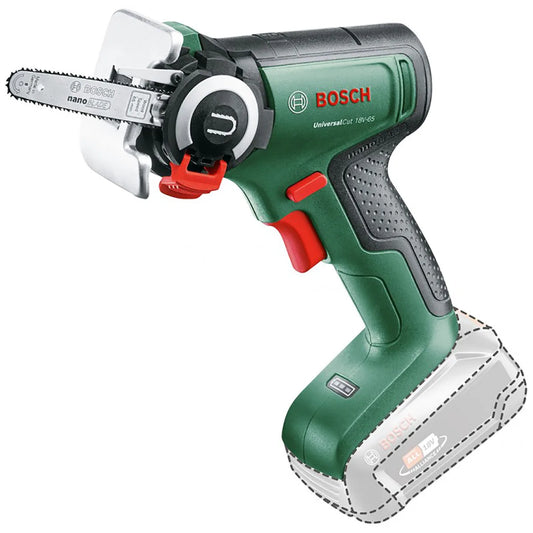 Die Bosch UniversalCut 18V-65 Akku-Säge mit NanoBlade-Technologie, in grün und schwarz, bietet glatte, präzise Schnitte - ideal für schnelle Gartenarbeiten. Hier abgebildet kabellos ohne Akku. Marke: Bosch.