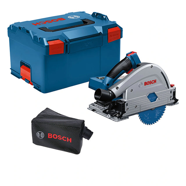 Das Bosch GKT 18V-52 GC Professional BITURBO Akku-Tauchsägen-Set enthält einen blauen Koffer, einen schwarzen Bosch-Staubbeutel und eine silber-blaue Säge mit dem ProCORE18V-Logo auf weißem Hintergrund.