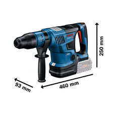 Gezeigt wird ein blauer Bosch GBH 18V-36 C Akku-Bohrhammer mit BITURBO Brushless Technologie, beschrifteten Abmessungen (460 mm x 250 mm x 93 mm), einem seitlichen Griff und einem sichtbaren 18V-Akku an der Basis.