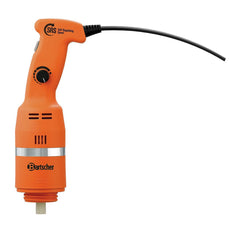 Der orangefarbene Bartscher Stabmixer MX 235 Plus verfügt über einen schwarzen, einstellbaren Geschwindigkeitsregler, ein schwarzes Netzkabel und das Etikett 