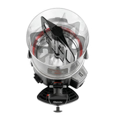 Die Draufsicht auf den Bartscher Schokoladendispenser 5L - schwarz von Bartscher zeigt die durchsichtige Schüssel, die schwarzen Rührblätter und den Bedienknopf - ideal für die Zubereitung von heißer Schokolade.