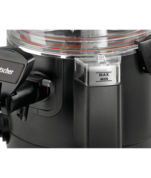 Nahaufnahme des Bartscher Schokoladendispenser 5L - schwarz mit durchsichtigem Deckel, beschriftetem Griff, Geschwindigkeitsregler und transparentem "MAX"/"MIN"-Feld - ideal zum Servieren von heißer Schokolade.